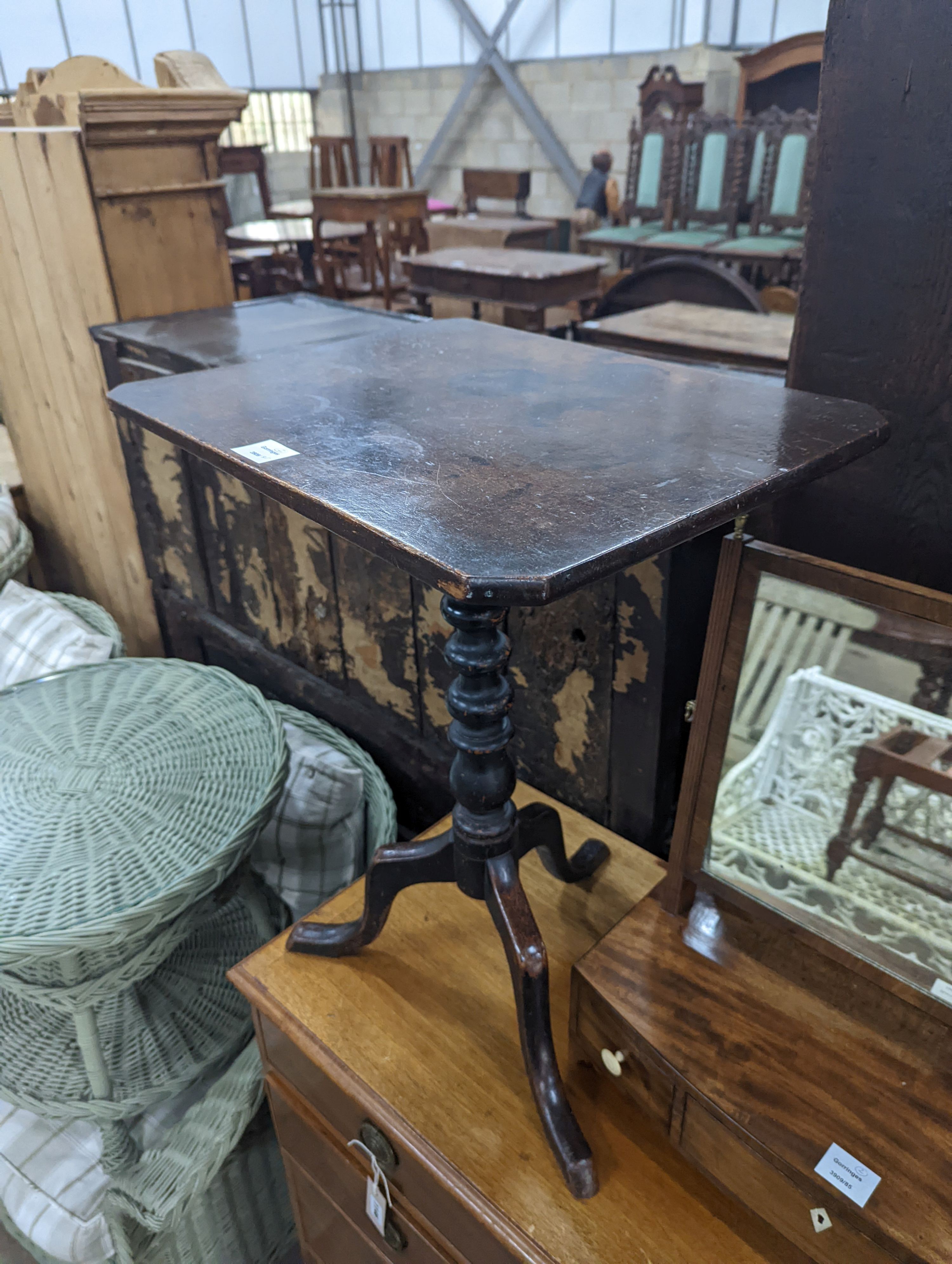 A Regency mahogany bow fronted toilet mirror, width 57cm, height 60cm together with a Regency mahogany tripod wine table